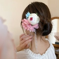 Classic hair pin with pink and white flowers and pearl tassels worn on a bun - 132# Blue Pink White (Retro Flower Tassel)