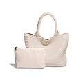 Handwoven cream tote bag with matching pouch in soft faux leather minimalist design - Off White
