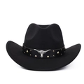 Detail of black felt cowboy hat featuring silver bull head ornament and metal studs - M (56-59cm) / Black Rivets
