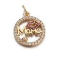 Macro view of gold-plated Mama pendant featuring clear stones and pink floral details - CX145-2 Gold Round Lips Mama