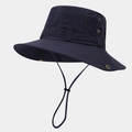 Detail of navy blue outdoor sun hat featuring side metal eyelets and adjustable chin strap - One Size / Navy Blue