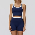 Women's two-piece navy blue contrast yoga set with sports bra and high-waist shorts - S / Top And Bottom (Tank Top + Shorts) / Navy Blue
