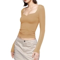 Slim fit camel square neck long sleeve crop top for women with ruched details - S / Khaki