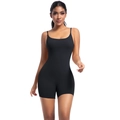 Detail view of the black yoga bodysuit featuring slim straps and a body-hugging athletic fit - S / Black