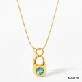 Gold-plated stainless steel necklace with blue gemstone pendant and pearl accent - Gold Necklace - Blue Zircon (KDD156)