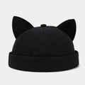 Detail of creative cat ear docker hat in black canvas with a minimalist brimless design - Adjustable / Black