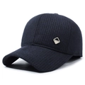Navy blue striped winter baseball cap for men with warm ear protection and metal tag - Adjustable / Navy Blue