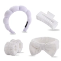 Close-up of a 5-piece purple plush headband and white spa wristband set for face washing - White 5pcs Set (Headband, Hair Clip, Scrunchies, Wristbands)