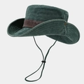 Detail of dark green washed canvas sun hat with brown suede band and chin strap - One Size / Army Green
