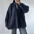 Navy blue cable knit cardigan with half zipper and relaxed fit for women - S / Navy Blue