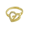 Detail of 18K gold heart ring with textured letter Z and sparkling white rhinestones - Adjustable Open / Letter Z