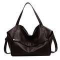 Large dark brown faux leather tote bag with lychee texture and silver metal buckles - Coffee