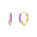 Detailed view of gold hoop earrings with purple enamel coating and zircon stones - Purple Enamel & Zircon Hoop Earrings