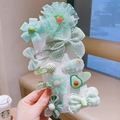 10-piece mint green children's hair clip set featuring mesh bows and floral designs - Fruit Hair Clip Set (With Cardboard) / 10 Pieces Pack / Green Avocado (20#)