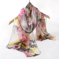 Elegant off-white chiffon long scarf featuring large pink and yellow floral prints - Beige Colorful Floral