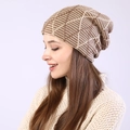 Unisex winter khaki and beige checkered knit beanie with warm fleece lining for cold weather - Khaki
