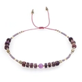Handmade beaded bracelet with purple patterns, golden cubes, and pink focal stone - Red Rope/Pink Main Bead/Colorful Seed Bead(BR0606)