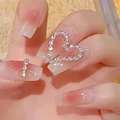Press-on nails with pink blush gradient, hollow heart rhinestone and rectangular shape - Blush Ombre Heart Rhinestone (N5094)