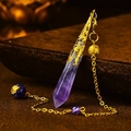 Hexagonal amethyst crystal pendulum necklace with ornate golden filigree and beaded chain - Gold Amethyst