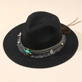 Cappello Panama nero in paglia con fascia di perline boho e pietra turchese - M (56-58cm) / Nero