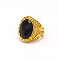 Detailed view of men's vintage gold ring with woven texture and large faceted black gemstone - Gold Rhombus Black Gemstone / Size 11