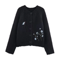Gilet noir en maille à col rond avec broderies de papillons bleus et détails floraux - S / Noir