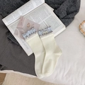 Creamy white crew socks featuring light blue ruffle cuffs and bow girl woven label - One Size / Frill Edge