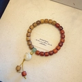 Vintage wood bead bracelet with white cat paw pendant and red-brown accent beads - Single Circle Bracelet (1017-2#)