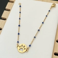 Bohemian gold chain bracelet with blue beads and hollow animal paw print pendant - Blue