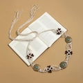 Bohemian cream woven waist belt with brown wooden beads and turquoise accents - White Woven Wood Flower Bronze Turquoise (X502-14)