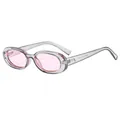 Retro oval sunglasses with transparent grey frame and soft pink lenses shown at angle - C8-Transparent Grey Frame Pink Lens