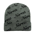 Close-up of gray knit beanie featuring black Nerest lettering pattern and soft texture - M(54-60cm) / Dark Gray