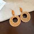 Wooden Bead Rattan Woven Hollow Style (耳钩-咖色)
