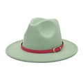 Detail view of the mint green wool fedora hat featuring a contrasting pink leather belt buckle - M(56-58cm) / Mint Green