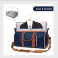 Deep blue foldable garment travel bag with brown leather handles and suit storage - Blue & Brown + Toiletry Bag