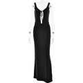 Abito lungo nero sexy schiena scoperta con lacci e dettagli arricciati da donna - L / Nero