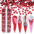 Detail of red nail art rhinestones in 12-grid storage case with manicure examples - SS4-SS12-3600Pcs/Box / Red