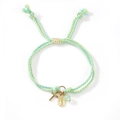 Religious bracelet with golden cross pendant, virgin mary medal and green gemstone - Light Blue/Yellow Woven Rope