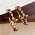Vintage 18k gold plated C-shaped earrings with tiger eye stone and crystal accents - Gold Brown Tiger's Eye Style (925 Silver Pin/18K Gold Plated)