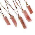 Handmade woven necklace featuring irregular rectangular pink crystal stone pendants - Strawberry Quartz