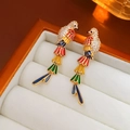 Macro detail of parrot earrings with crystal pave and colorful enamel feathers - Silver Pin-Colorful Parrot (Real Gold Plated)