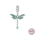 S925 sterling silver dragonfly pendant charm with green wings and zircon stones - Blue-Green Dragonfly Bead (BSC983)