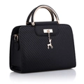 Black lychee leather handbag with V-shaped stitching and golden deer charm detail - Black