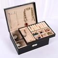 Double layer black leather jewelry box with beige velvet lining for multi-item storage - Basic Black (Plain Grain) / 23x17x8cm