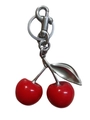 Red cherry keychain with silver leaf and metal hook accessory on white background - Dark Red Cherry with Matte Silver