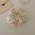 Creamy white organza scrunchie with pink silk bows for Korean style high ponytail looks - Bowknot Decor (T-F-156) / White
