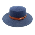 Detail of navy blue woven straw boater hat featuring a brown leather band and gold buckle - M (56-58cm) / Navy Blue