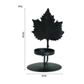 Modern black metal candlestick with maple leaf design including size and weight details - Maple Leaf / Black