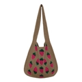 Brown knitted tote bag with pink and green strawberry patterns and long shoulder strap - Khaki