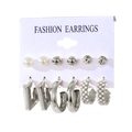 6-pair set of silver-tone fashion earrings with faux pearls and crystals on card - 6 Pairs Set-Silver Pearl Rhinestone Geometric Ball
